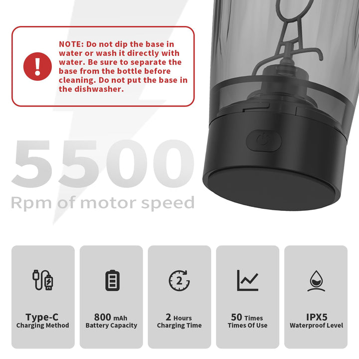 Black Portable Electric Shaker Bottle with LED Light, 550ml Sports Protein Mixer Cup for Gym and Travel 4