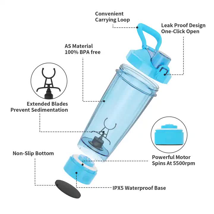 Black Portable Electric Shaker Bottle with LED Light, 550ml Sports Protein Mixer Cup for Gym and Travel 5