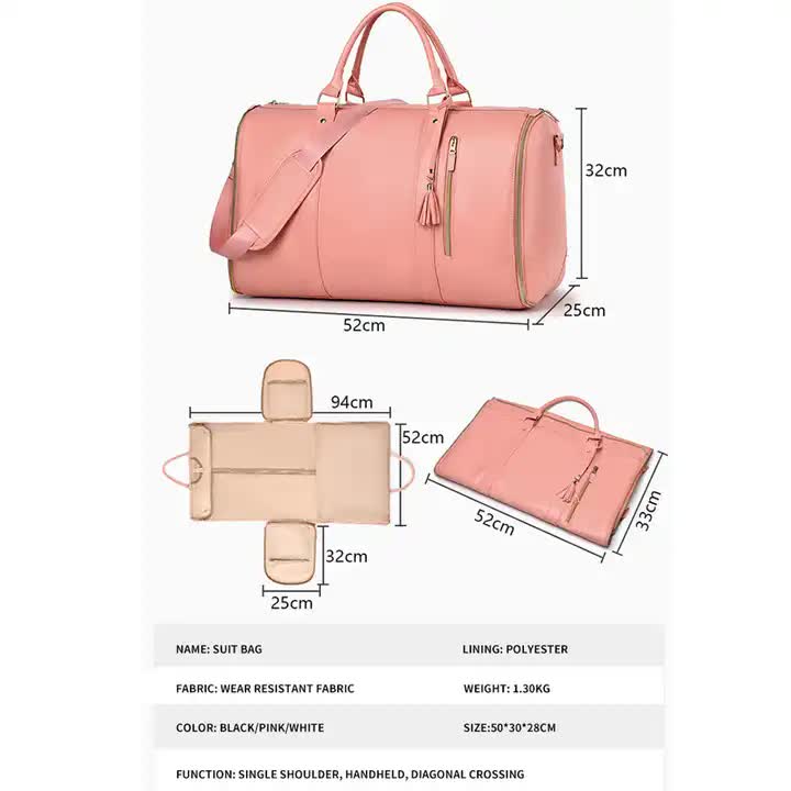 Pink  PU Leather Foldable Garment Bag, Women's Travel Duffel with Suit Carrier, Multi-Function Storage 4