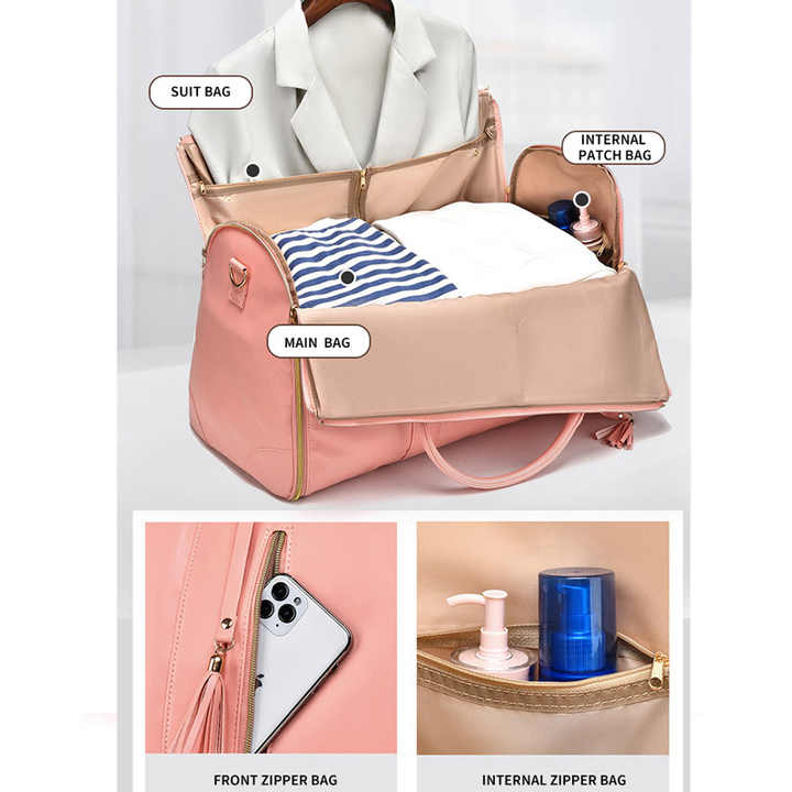 Pink  PU Leather Foldable Garment Bag, Women's Travel Duffel with Suit Carrier, Multi-Function Storage 5