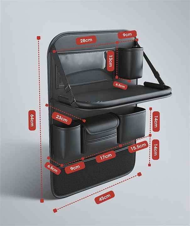 Black Car Seat Back Organizer with Foldable Tray, Leather Backseat Storage Bag, Multi-Pocket Vehicle Organizer 3