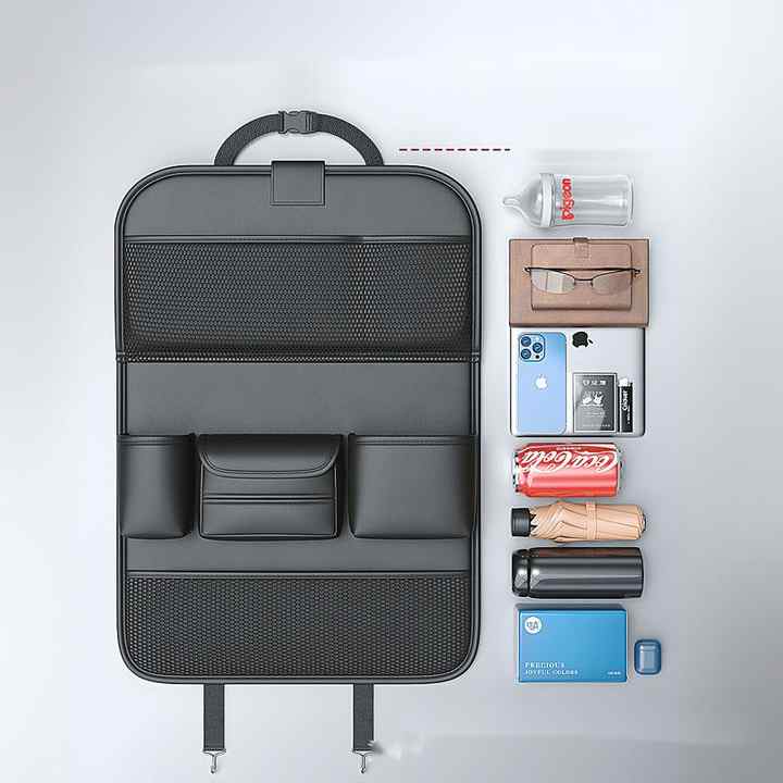 Black Car Seat Back Organizer with Foldable Tray, Leather Backseat Storage Bag, Multi-Pocket Vehicle Organizer 5