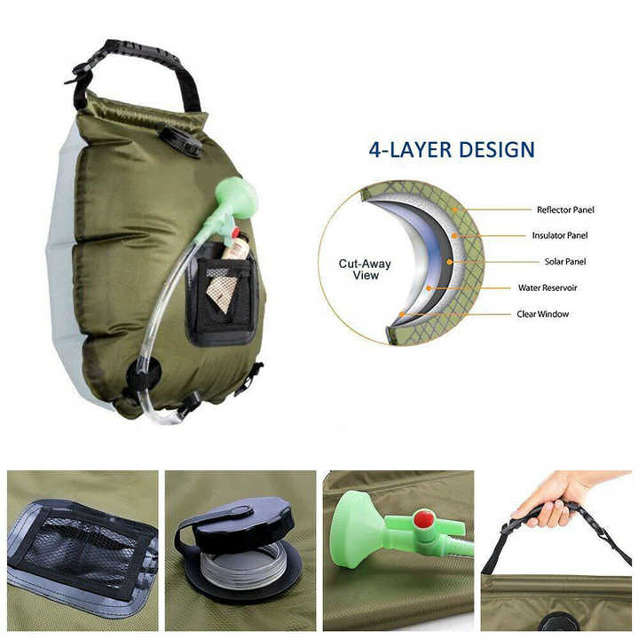 Black Portable Solar Camping Shower Bag, Foldable 20L Outdoor Water Storage Bag with Temperature Display for Easy Use 4