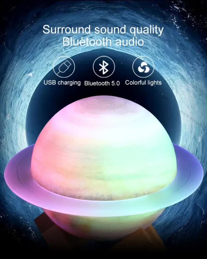 Yellow 3D Saturn Ring Bluetooth Speaker with Adjustable LED Lights, HiFi Bass, USB Charging, and Immersive Sound for Home and Desktop Use 4