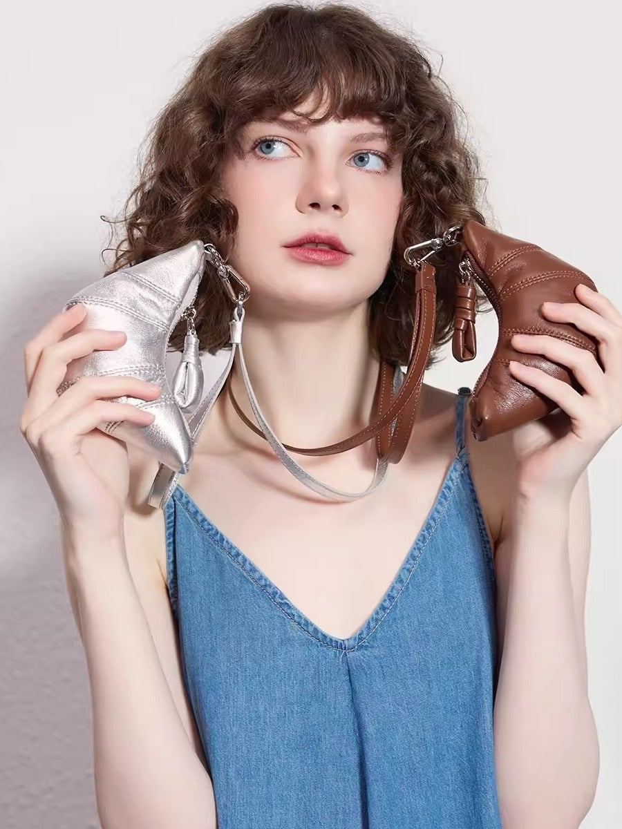 Brown Cute Crossbody Coin Purse | Mini Croissant Design Shoulder Bag | Small PU Leather Portable Makeup & Earphone Pouch 5