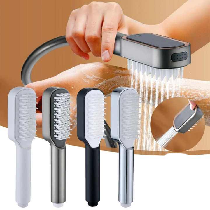 White Handheld Shower Head with Silicone Brush and Massage Function - High-Pressure Water Spray 5