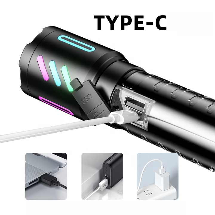 LED Rechargeable Laser Flashlight – Multifunctional Type-C Strong Light Torch with Adjustable Zoom 5