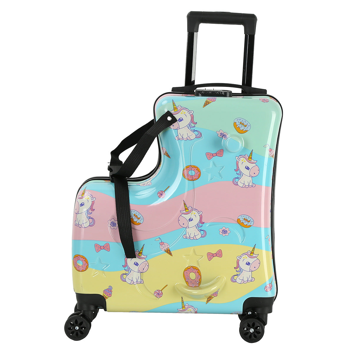 Colorful Kids Ride-On Luggage – 20-Inch Cartoon Travel Suitcase with Footrest, Durable Rolling Carry-On for Children 5