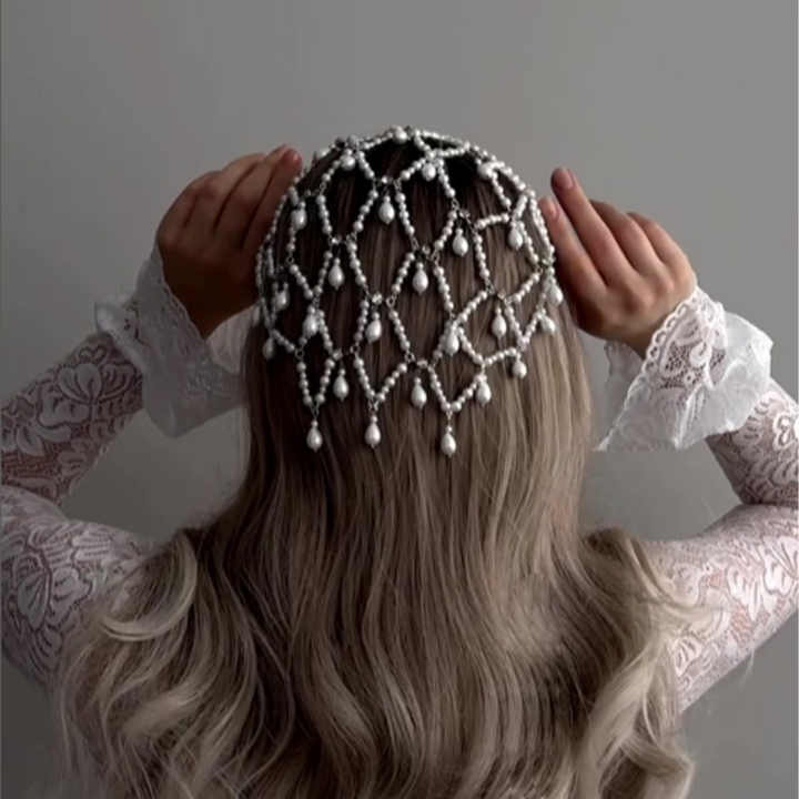 Gold Bohemian Pearl Net Headband - Vintage Mesh Hair Accessory for Women | Elegant Faux Pearl Bridal Hairpiece 5