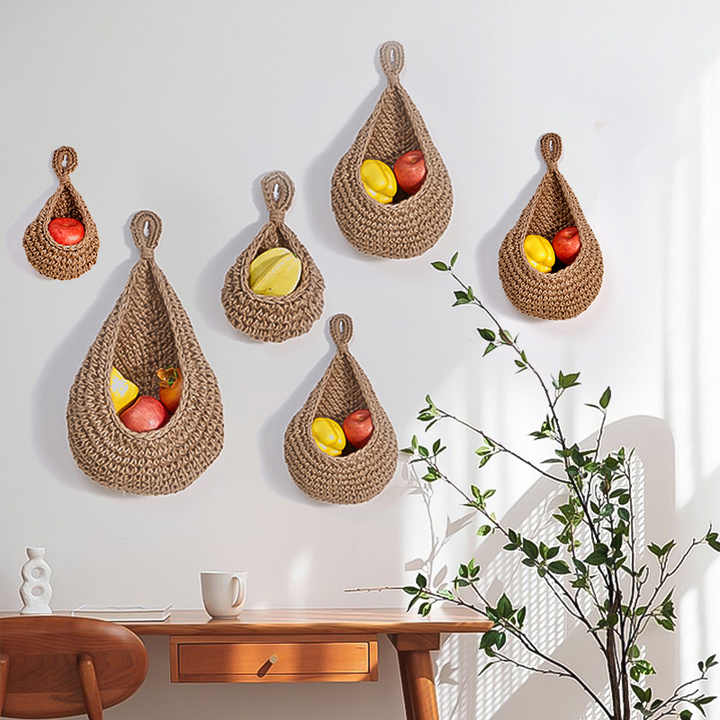Green 3-Piece Wall-Mounted Cotton Rope Storage Baskets – Large, Medium, and Small Hand-Woven Fruit/Vegetable/Storage Nets (Large weight 300g, Medium weight 230g, Small weight 200g) 4