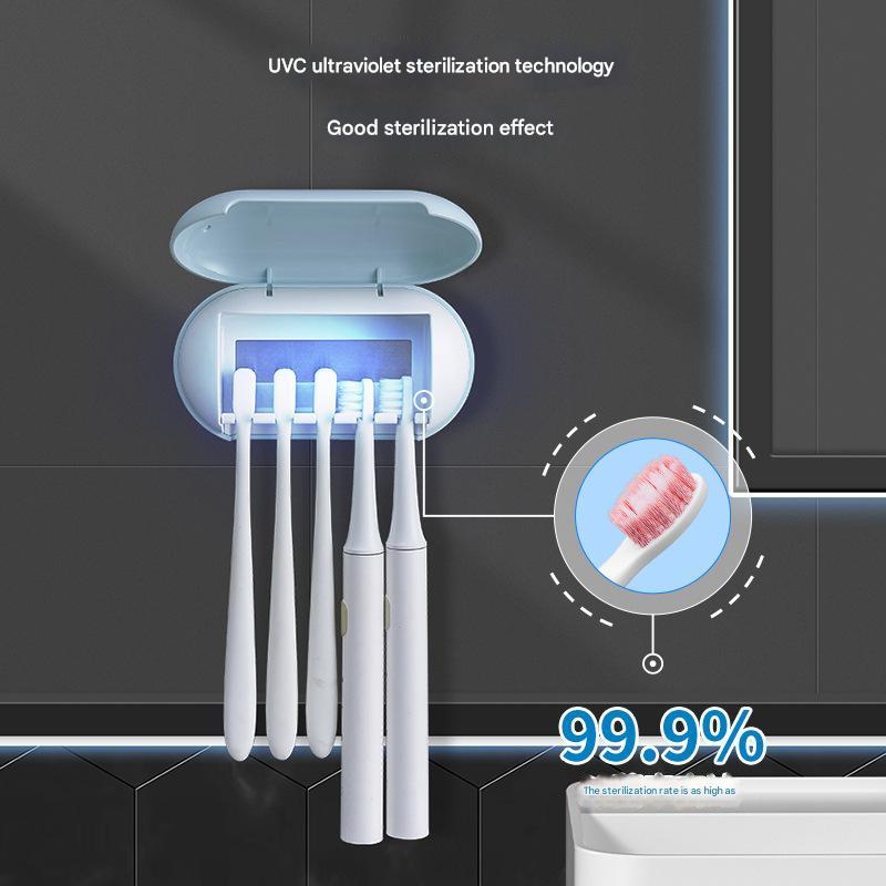 Cyan Wall-Mounted Toothbrush Sterilizer with UV-C Disinfection and Drying - USB Rechargeable, Family 5-Brush Holder, ABS Material 3