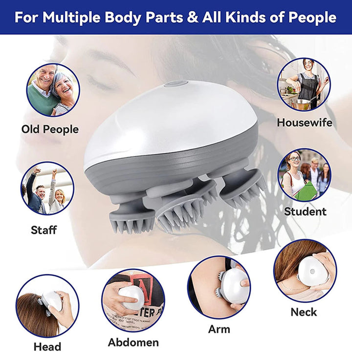 Silver Mini Electric Head Massager - Portable 3D Massage Device, Waterproof, Multifunctional Relaxation & Pet Care, Rechargeable, 6 Techniques & 3 Modes, Compact Design 3
