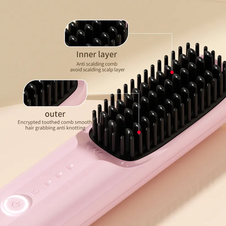 Black Wireless Hair Straightening Brush - Portable 2-in-1 Styling Tool with USB Charging, Ceramic Heat Technology, and Compact Design 3