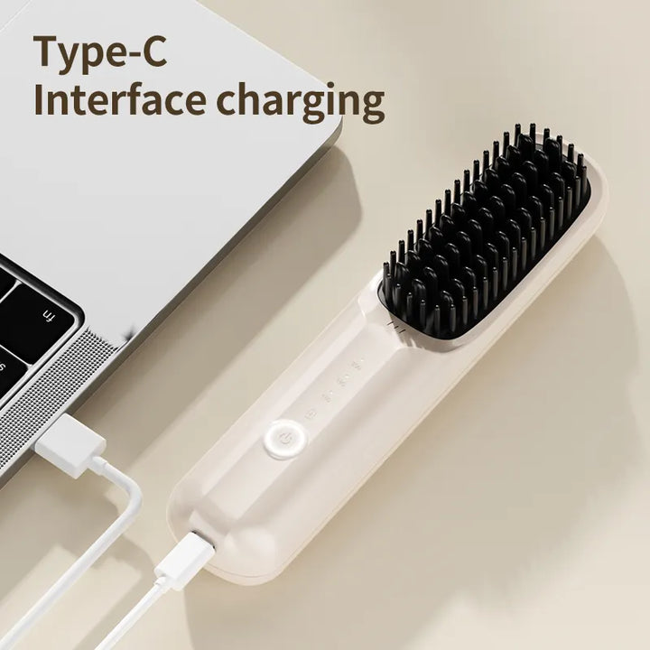 Black Wireless Hair Straightening Brush - Portable 2-in-1 Styling Tool with USB Charging, Ceramic Heat Technology, and Compact Design 4