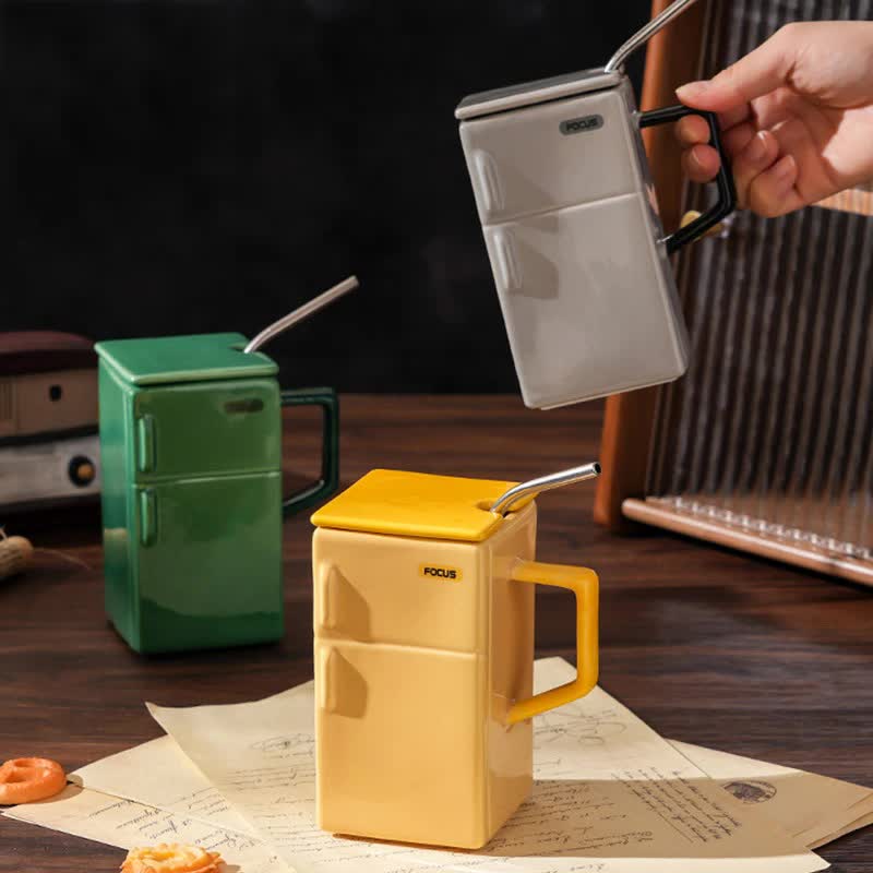 Grey Creative Retro Refrigerator Ceramic Mug with Lid and Straw - 550ml Coffee Cup - Unique Gift for Couples or Office Use 5
