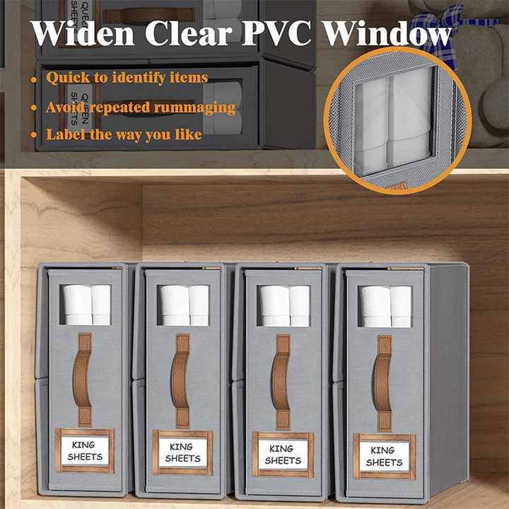 2 Pcs Beige Non-Woven Fabric Storage Box with Lid - Transparent Window, Moisture-Proo 3