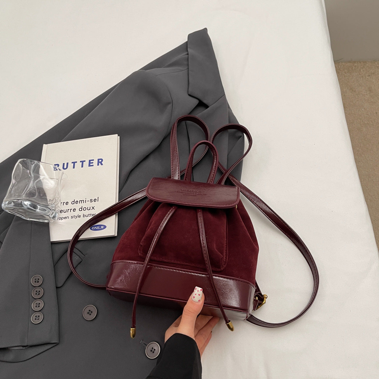 Claret Vintage Suede Women's Mini Backpack - New Fashionable Travel Book Bag with Decorative Charm