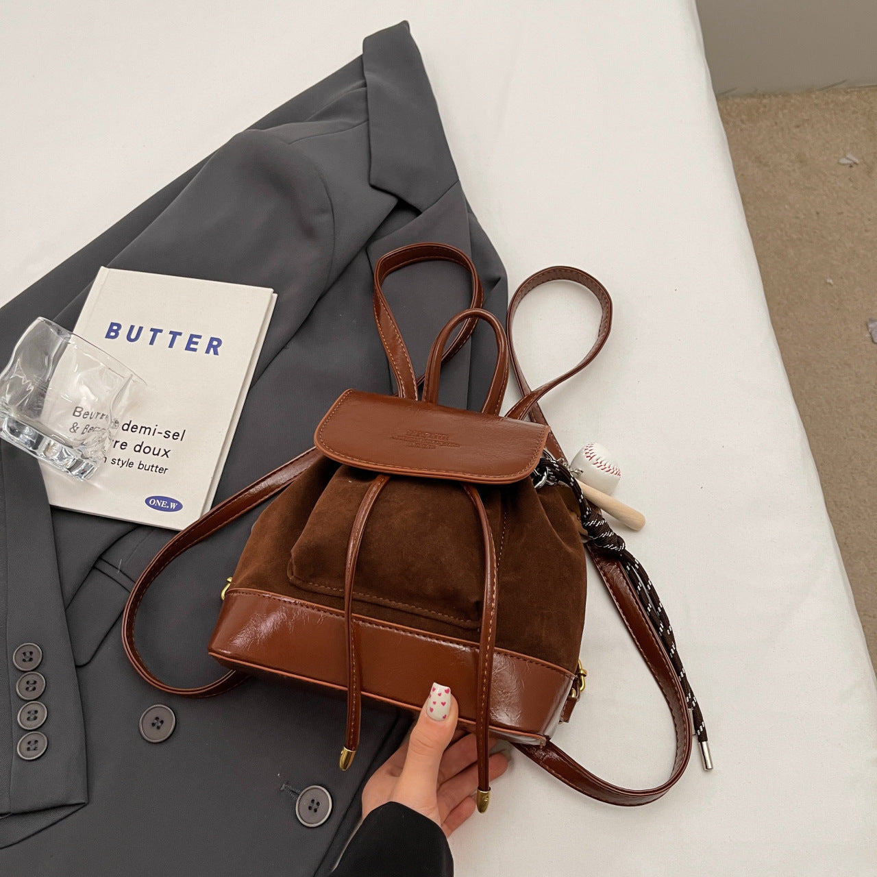 Light Brown Vintage Suede Women's Mini Backpack - New Fashionable Travel Book Bag with Decorative Charm