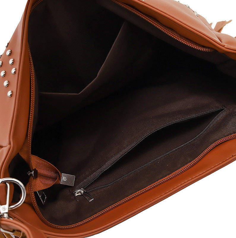 Black Trendy Rivet Fringe Shoulder Bag – Large Capacity Soft Leather Handbag for Women, Perfect for Travel and Leisure 7