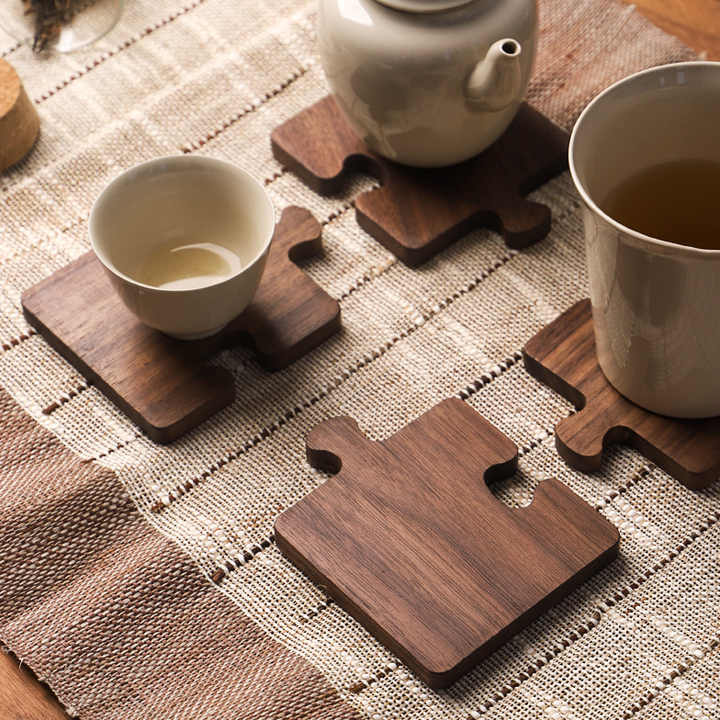 Light Yellow Natural Black Walnut Wooden Coasters, Heat-Resistant Tea Cup Pads, Puzzle-Shaped Drink Mats, Eco-Friendly Tea Accessories Set