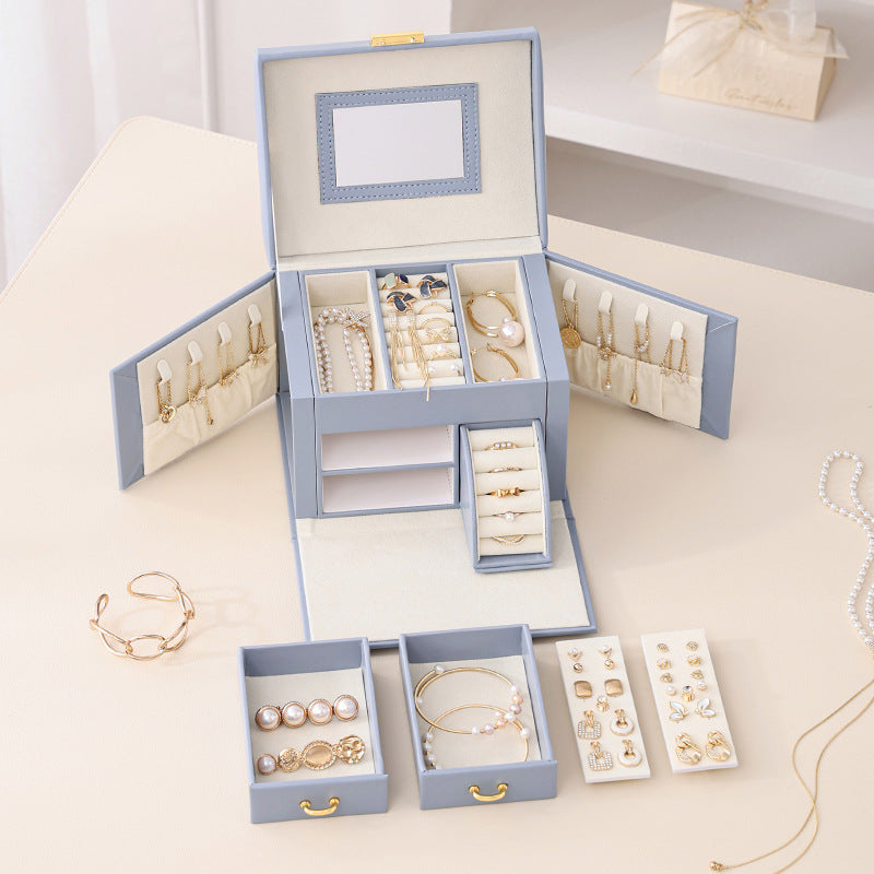 Light Blue Luxury PU Leather Jewelry Storage Box - 3-Tier Organizer with Mirror for Necklaces, Earrings, and Rings(Jewelry is a photo prop and is not included) 3