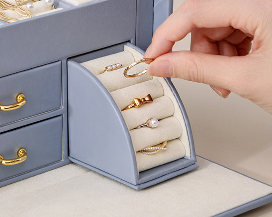 Light Blue Luxury PU Leather Jewelry Storage Box - 3-Tier Organizer with Mirror for Necklaces, Earrings, and Rings(Jewelry is a photo prop and is not included) 6