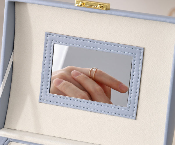 Light Blue Luxury PU Leather Jewelry Storage Box - 3-Tier Organizer with Mirror for Necklaces, Earrings, and Rings(Jewelry is a photo prop and is not included) 7
