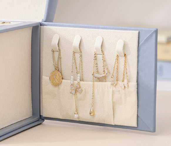 Light Pink Luxury PU Leather Jewelry Storage Box - 3-Tier Organizer with Mirror for Necklaces, Earrings, and Rings(Jewelry is a photo prop and is not included) 5