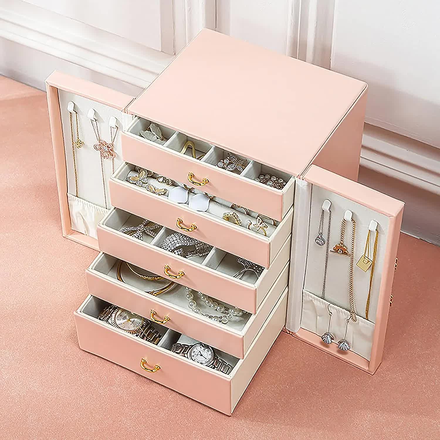 Pink Elegant 5-Layer Large Capacity Jewelry Storage Box with Dual Opening Doors - Perfect for Organizing Necklaces, Rings, Earrings, and More(Jewelry is a photo prop and is not included) 4