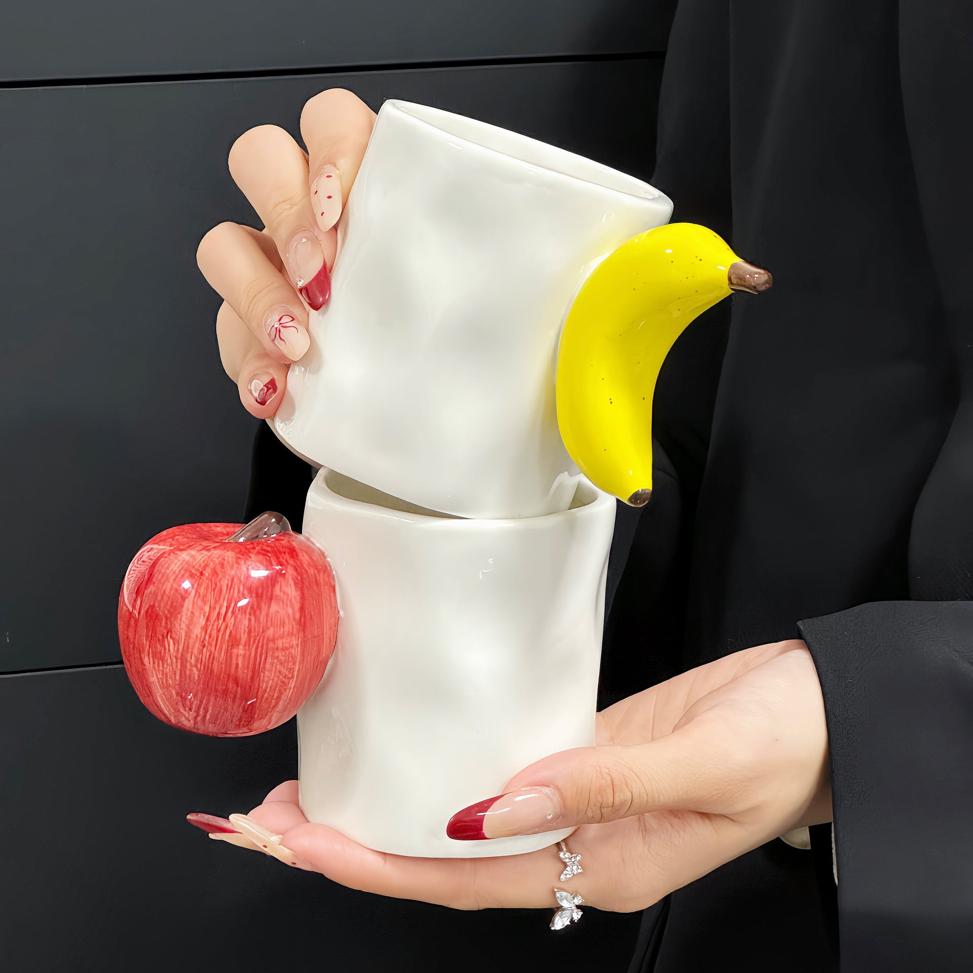 2-Piece Set Apple And Banana Creative Fruit Ceramic Mug - Adorable Handle Design, 280ml Couple Cups, Perfect Gift for Birthdays or Valentine's Day 4