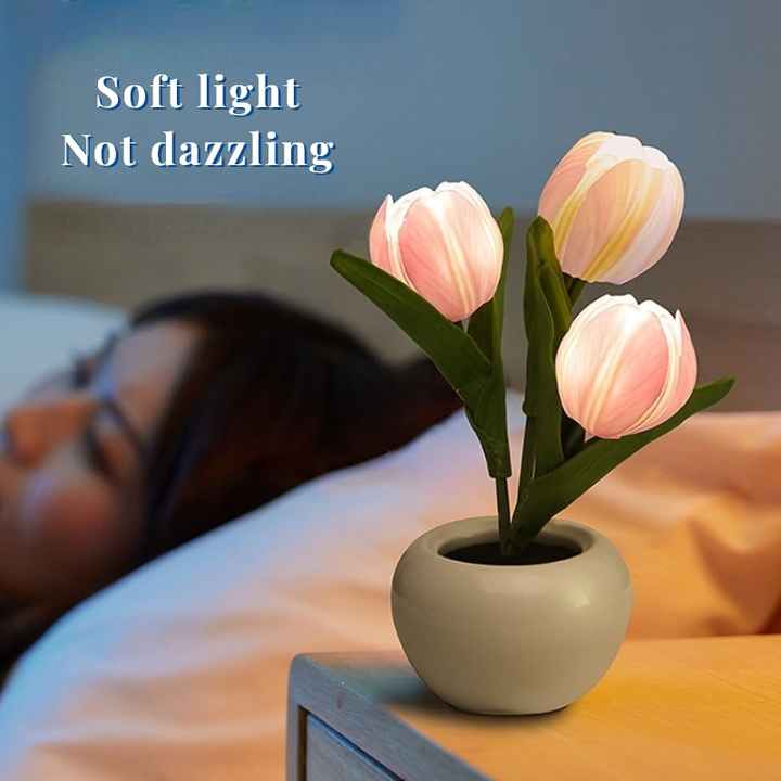 White Flowers USB Tulip Night Light - Bedroom Decor Table Lamp with PU Flowers & Ceramic Pot, Perfect Gift for Family & Friends 6