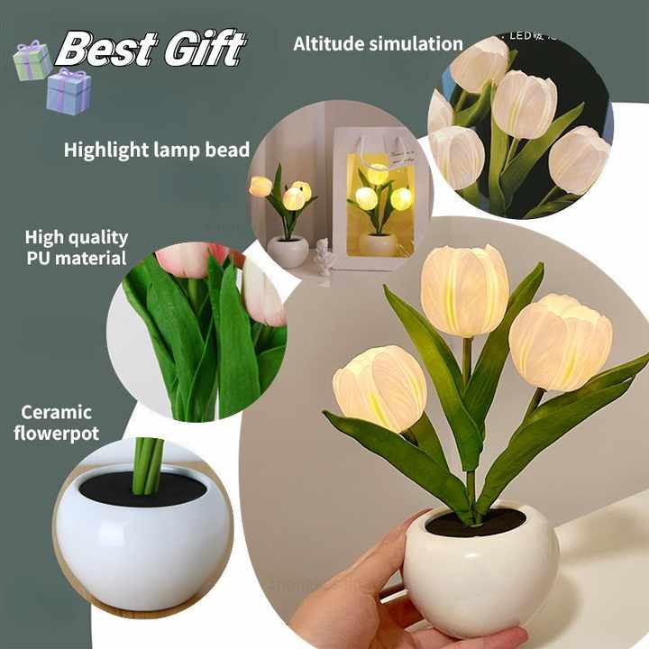 Orange Flowers USB Tulip Night Light - Bedroom Decor Table Lamp with PU Flowers & Ceramic Pot, Perfect Gift for Family & Friends 4