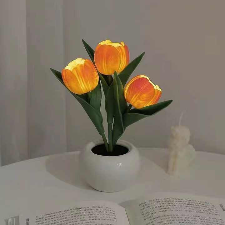 Orange Flowers USB Tulip Night Light - Bedroom Decor Table Lamp with PU Flowers & Ceramic Pot, Perfect Gift for Family & Friends 7