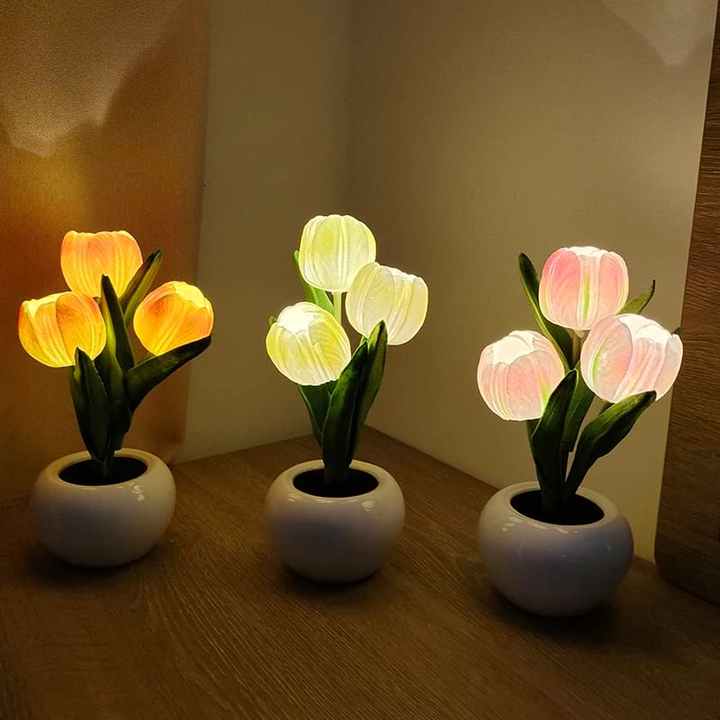 Yellow Flowers USB Tulip Night Light - Bedroom Decor Table Lamp with PU Flowers & Ceramic Pot, Perfect Gift for Family & Friends 3