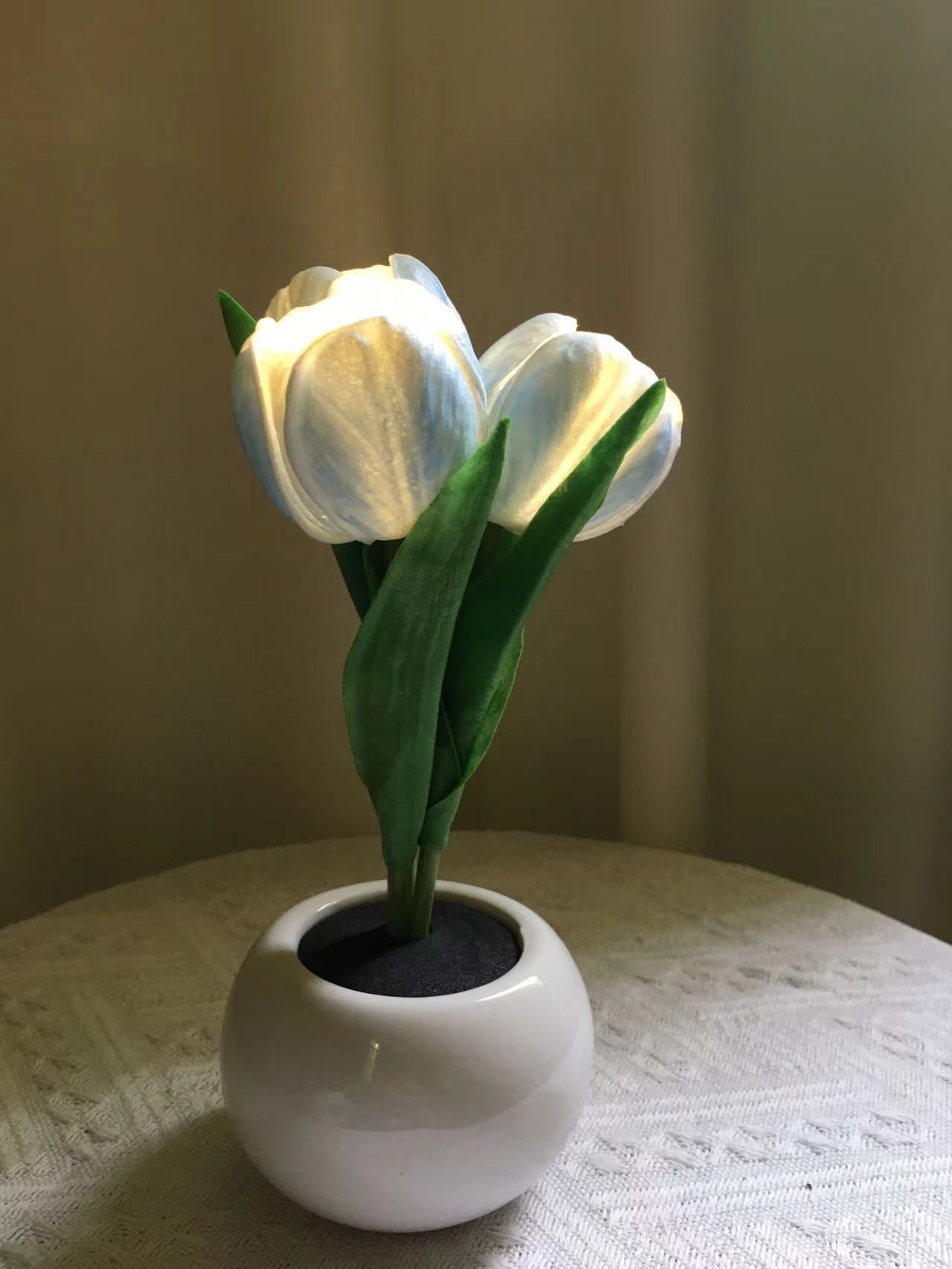 Blue Flowers USB Tulip Night Light - Bedroom Decor Table Lamp with PU Flowers & Ceramic Pot, Perfect Gift for Family & Friends 7