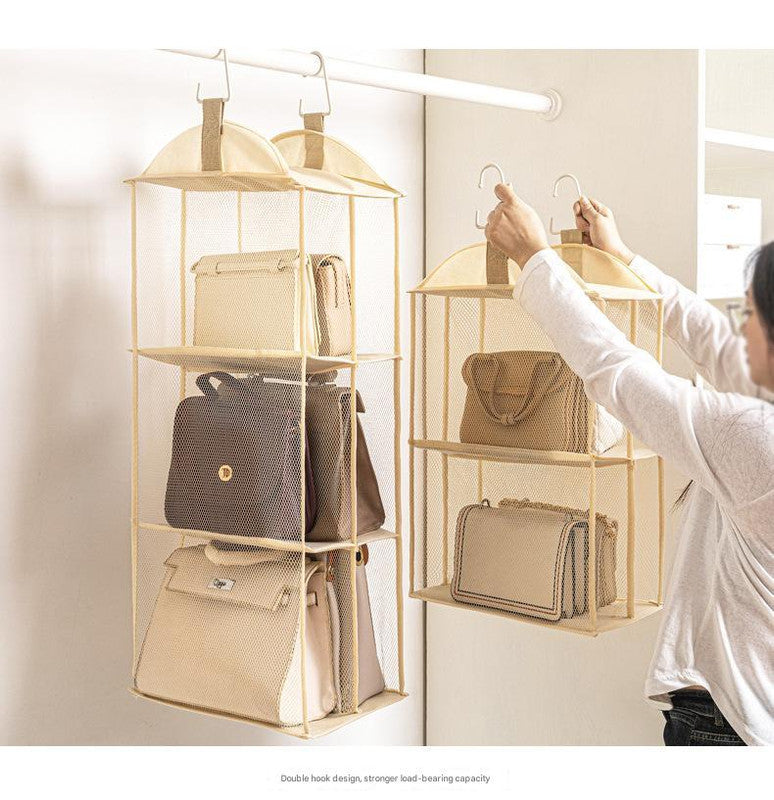 Off White Hanging Dustproof Storage Bag - Multi-Layer Organizer for Bags, Clothes & Accessories, 3-Tier Non-Woven Fabric 4