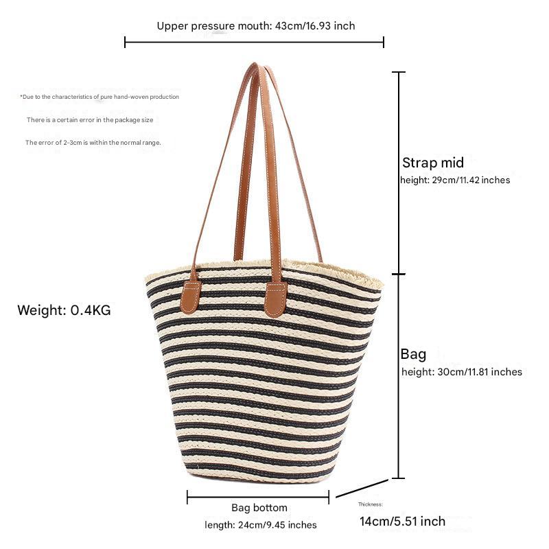 Black And White Stripes Handmade Large Capacity Striped Beach Tote Bag with Zipper and Inner Pocket - Summer Vacation Woven Shoulder Bag for Women 3
