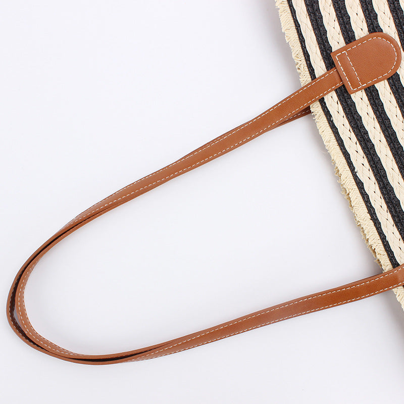 Black And Brown Stripes Handmade Large Capacity Striped Beach Tote Bag with Zipper and Inner Pocket - Summer Vacation Woven Shoulder Bag for Women 3