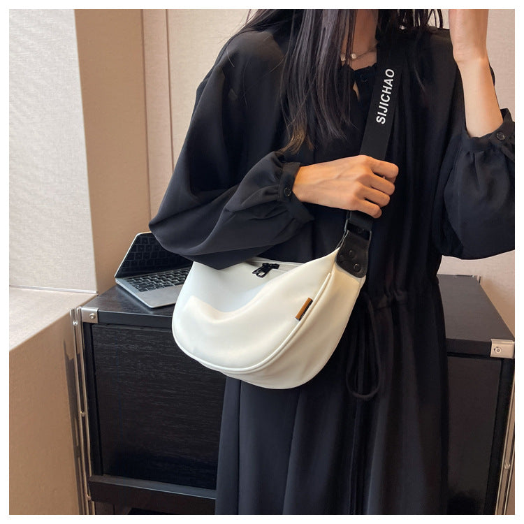 Off White With Black Suspenders Large Capacity Canvas Shoulder Bag - Casual Crossbody Dumpling Bag 3
