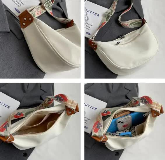 Off White With Black Suspenders Large Capacity Canvas Shoulder Bag - Casual Crossbody Dumpling Bag 4