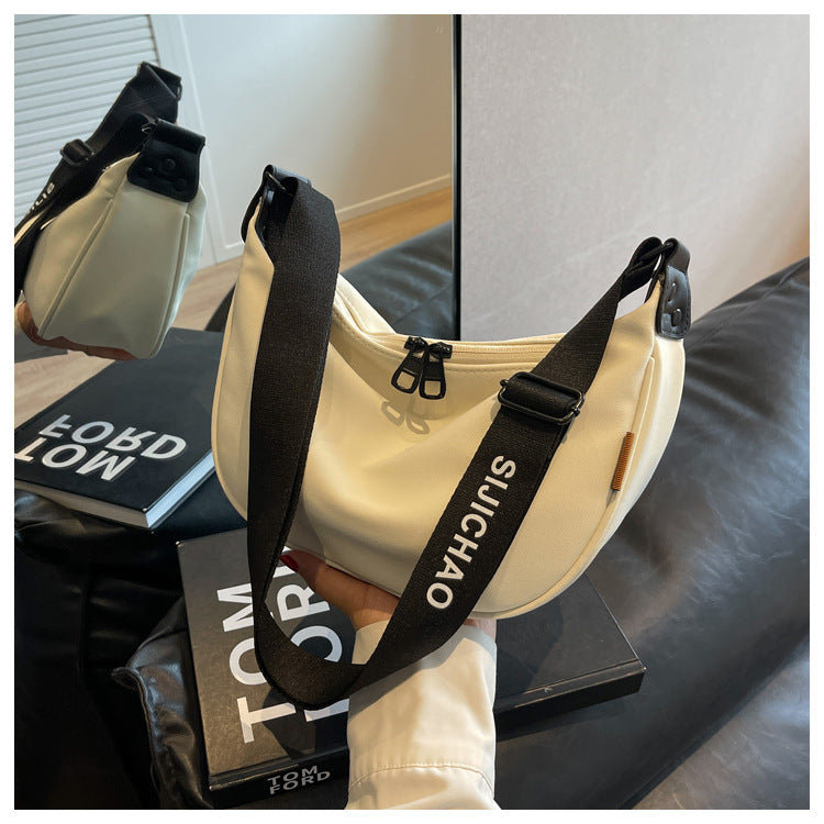 Off White With Black Suspenders Large Capacity Canvas Shoulder Bag - Casual Crossbody Dumpling Bag 6