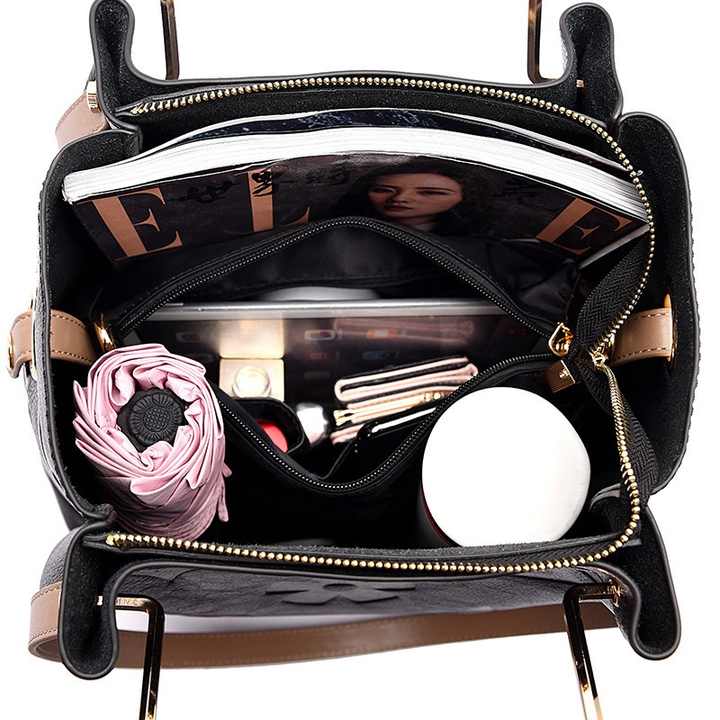 Black Elegant Embossed PU Leather Tote Bag for Women - Large Capacity Handbag with Inner Pouch 3