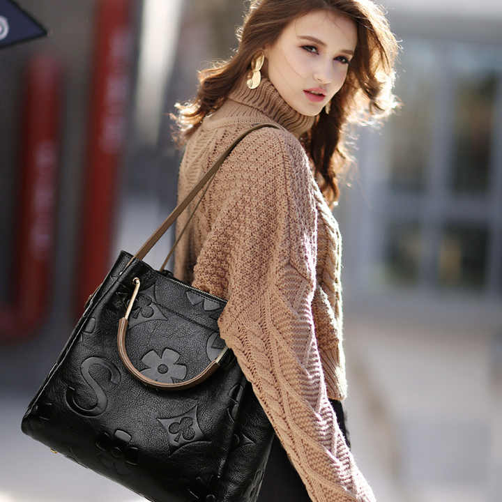 Black Elegant Embossed PU Leather Tote Bag for Women - Large Capacity Handbag with Inner Pouch 4