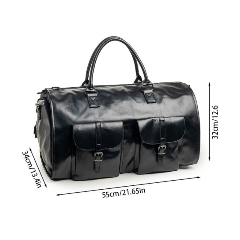 Black PU Leather Travel Duffel Bag - Multifunctional Overnight Gym Bag with Spacious Compartments 4