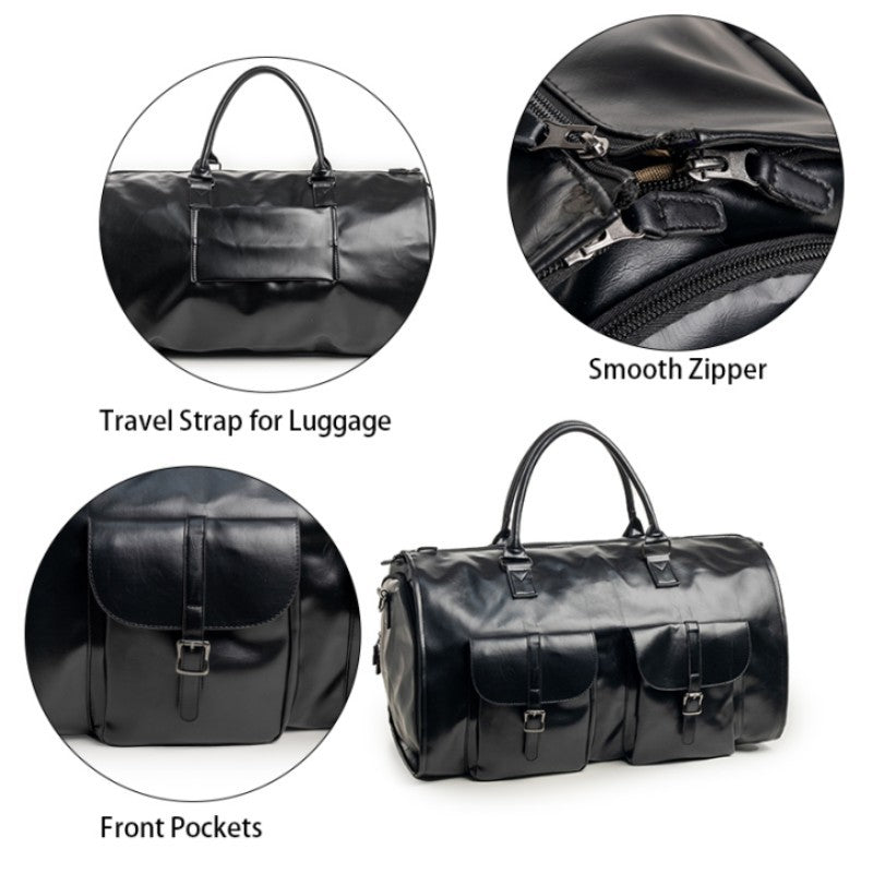 Black PU Leather Travel Duffel Bag - Multifunctional Overnight Gym Bag with Spacious Compartments 5