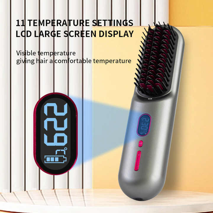 Gray Rechargeable Portable Ionic Hair Straightening Comb - USB Wireless Travel Hair Style 3