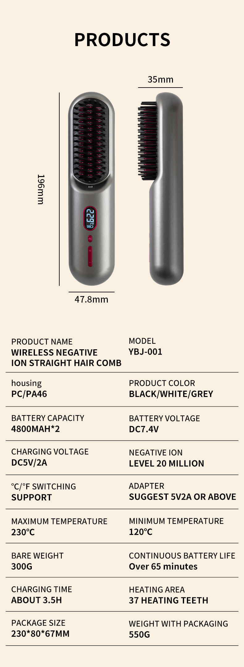 Gray Rechargeable Portable Ionic Hair Straightening Comb - USB Wireless Travel Hair Style 5