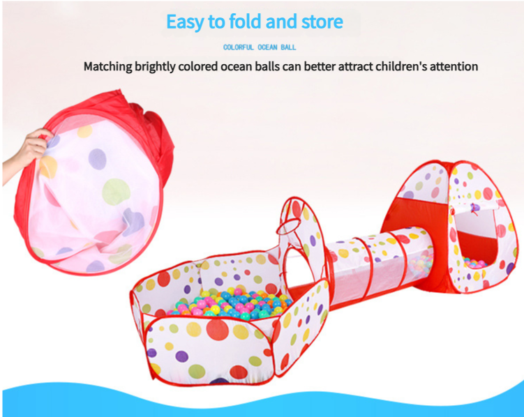 Red 3-in-1 Kids Play Tent Set - Foldable Indoor/Outdoor Tunnel and Ball Pit with Fence 5