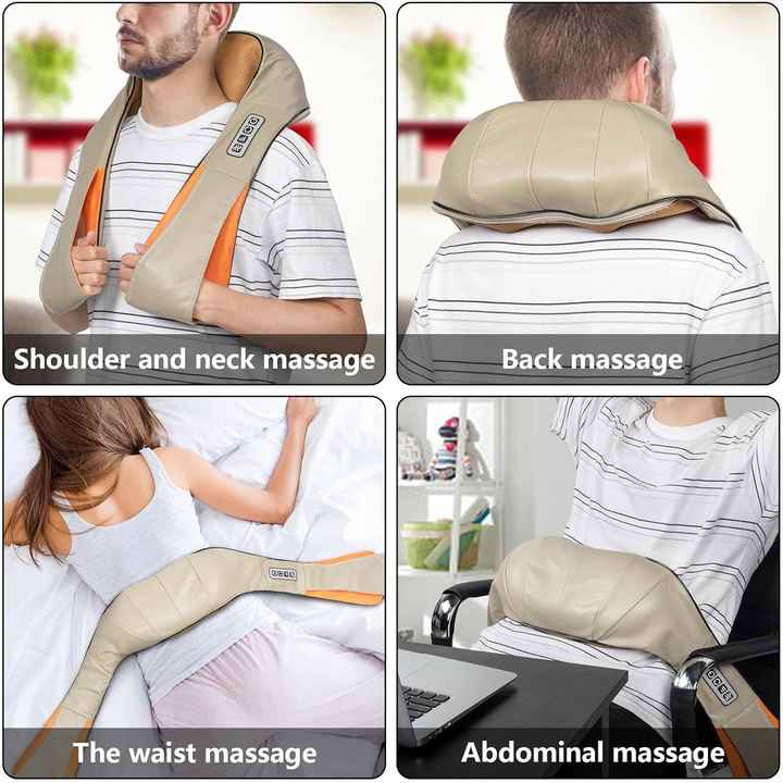 Portable Kneading Neck and Shoulder Massager with Heat - Four-Button Design, Beige 5
