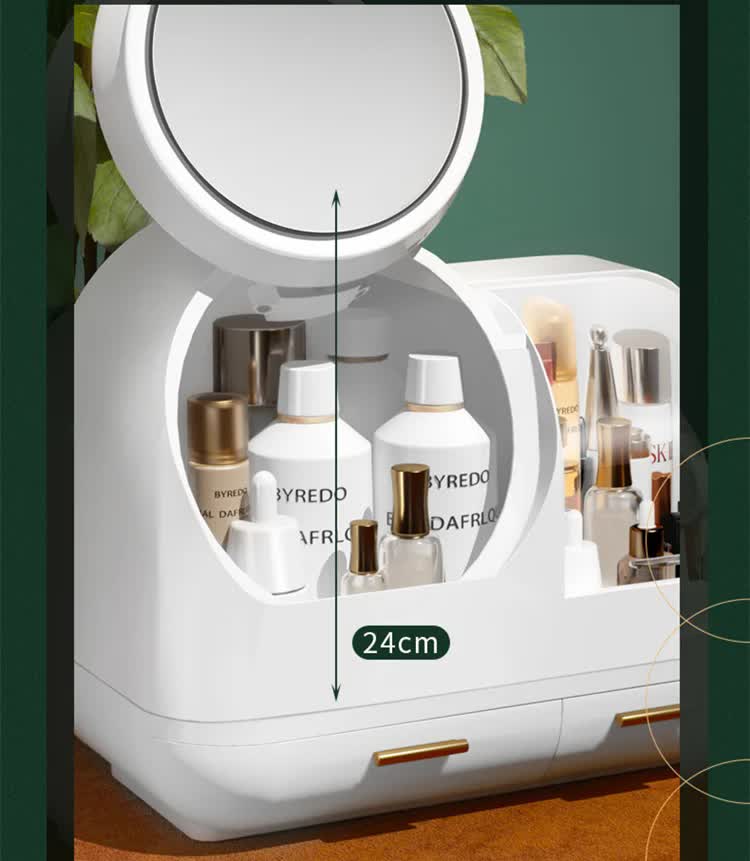 Green LED Vanity Makeup Organizer with Partition Storage and Touch-Control Mirror - Large Capacity Cosmetic Box 3